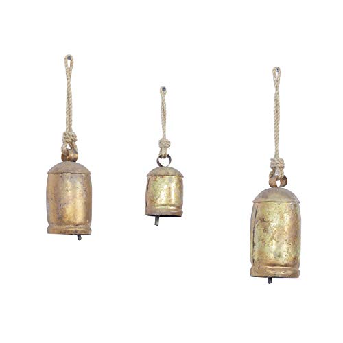 Metal Prairie Cow Bell in Aged Antique Gold Finish - Jute Rope & Wooden  Clapper